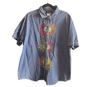 FLAW Vintage Bob Mackie Blue Denim Shirt Colorful Embroidery Womens size 1X